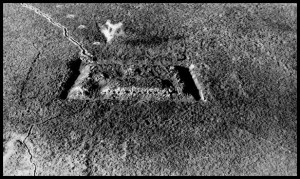Aerial view of Fort Vaux and the thousands of shell craters that pockmarked the terrain around it.
