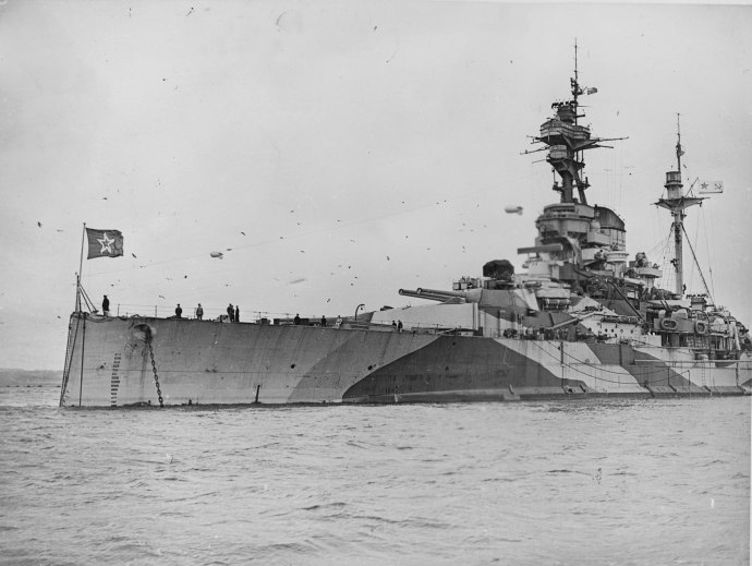 The Royal Sovereign, rechristened the Arkhangelsk, seen in 1944 proudly flying the Soviet flag.