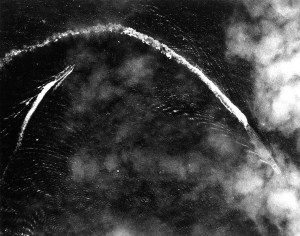 The Japanese fleet carrier Akagi under attack by Midway-based B-17 Flying Fortress bombers during the morning of June 4, 1942.